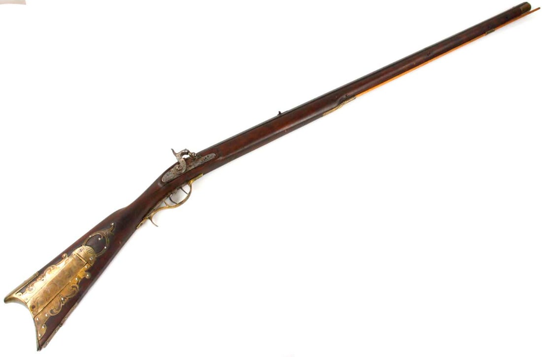 19th C. Long Kentucky Type Percussion Rifle with Personalized J.W. Silver Plaque and Nice Engraved: 19th C. Long Kentucky Type Percussion Rifle with Personalized J.W. Silver Plaque and Nice Engraved Hunting Dog & Gees to the Lock. Total length : 55 3/8", Barrel length : 39 3/8". ~ . Detailed conditi