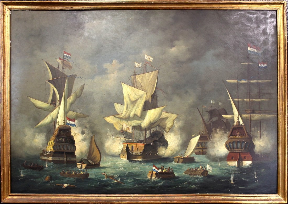 HUGE Antique 19th C. Oil on Canvas Naval Battle Scene Painting of French Revolution or Napoleonic (1 of 20)