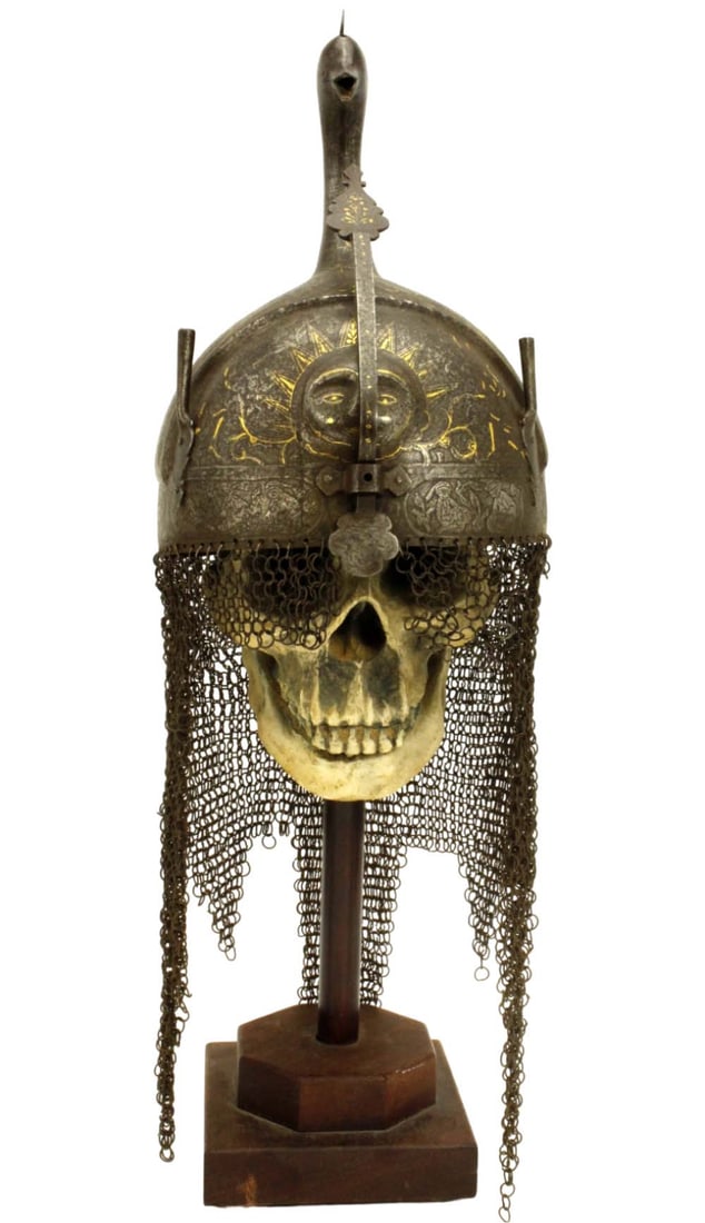 Fine and Rare Qajar Dynasty era Persian Warrior's Peacock Top KHULA-KHUD Helmet with Gold Inlaid (1 of 20)