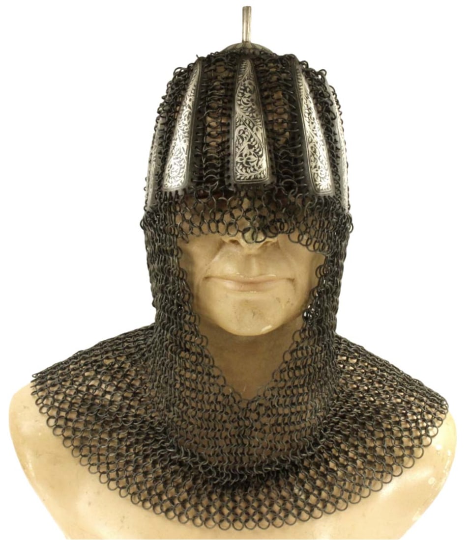 Rare Islamic Mughal Indian Plated Chain Mail Armor Helmet with Silver Koftgari Decorations. A Very (1 of 20)