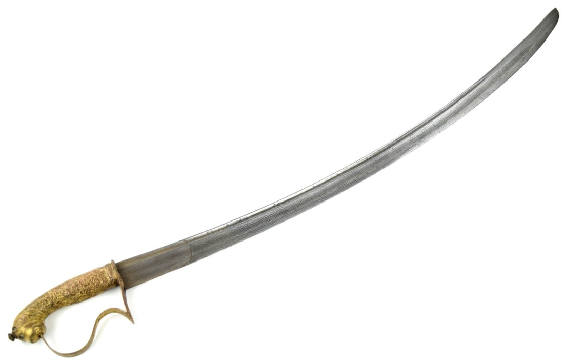 Rare 18th C. Mughal Indian Battle Sword with Jeweled Gold Gilt Copper Hilt and European Damascus: Rare 18th C. Mughal Indian Battle Sword with Jeweled Gold Gilt Copper Hilt and European Damascus Steel Blade. Rare Example for a Wealthy & Noble Warrior. Total length: 37 3/4", Blade length : 32 3/4".