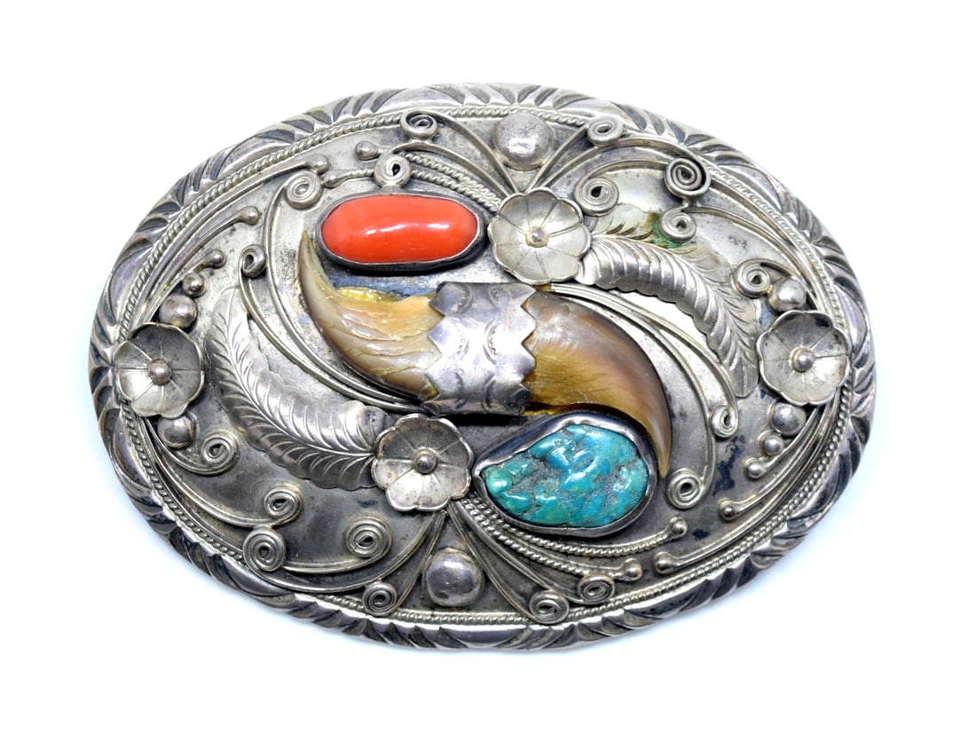 Navajo Richard Begay Turquoise, Coral and Bear Claw Belt Buckle (1 of 4)