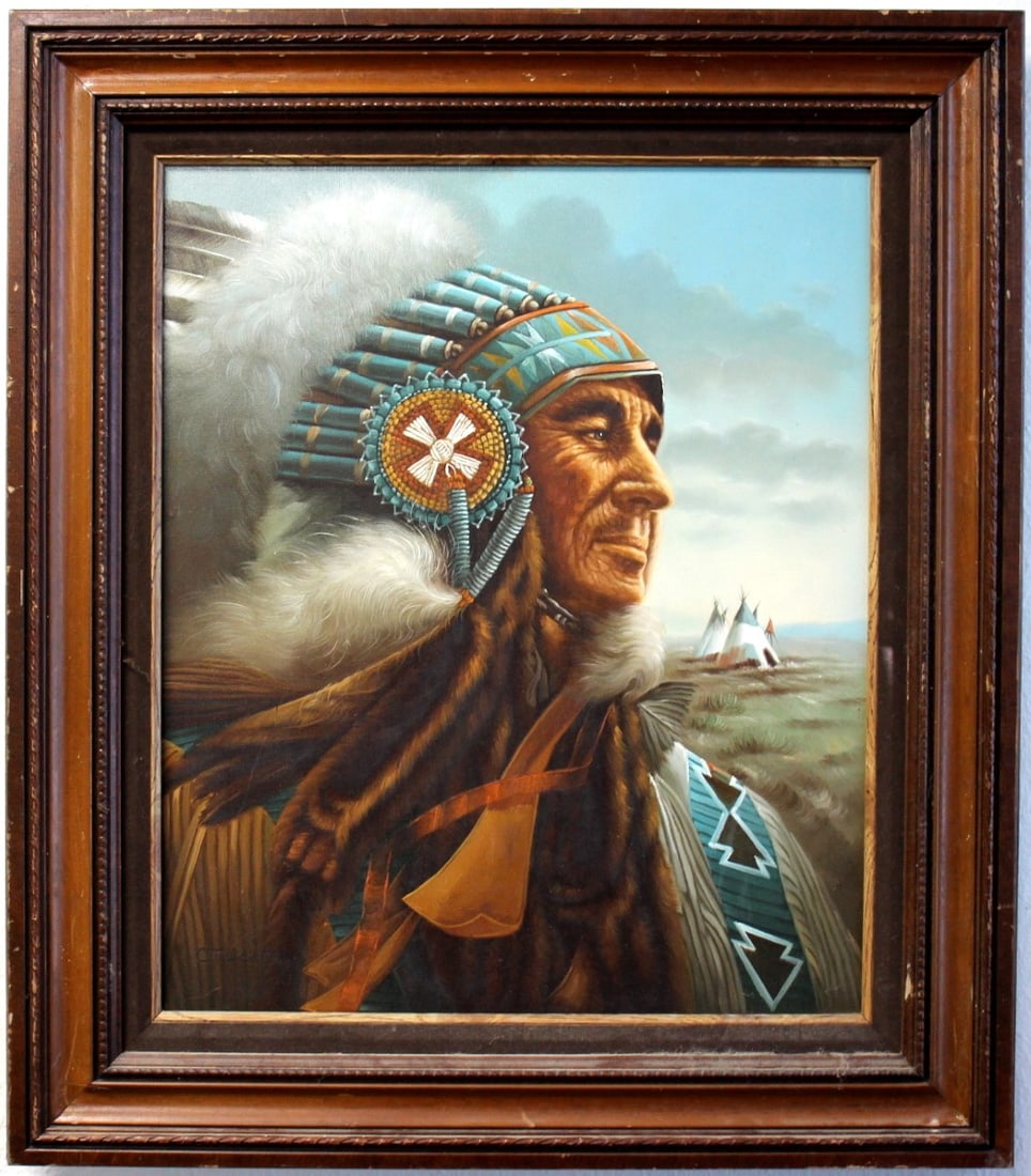 Beautiful Large Oil on Canvas Painting of an American Indian Chief of Tribe in Fabulous Feathered (1 of 7)