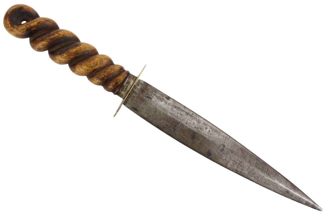 Very Good American made Revolution to Civil War Fighting Dagger Knife with Fine Carved Wood Grip &: Very Good American made Revolution to Civil War Fighting Dagger Knife with Fine Carved Wood Grip & Gilt Brass Guard. Possibly Confederate Used. Total length (inside scabbard if present) : 14", Blade l