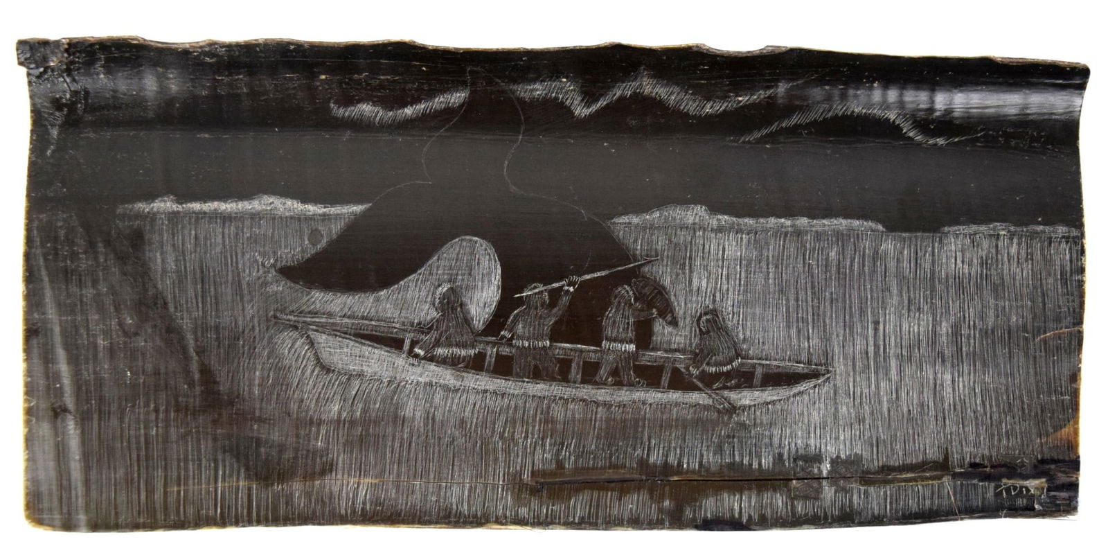Vintage Eskimo Inuit Nuiqsut Alaska Baleen Scrimshaw By Tom Dixon: Vintage Eskimo Inuit Nuiqsut Alaska Baleen scrimshaw depicting hunting whale By Tom Dixon. Signed by artist.Nuiqsut is located about 18 miles south of the Colville River headwaters at the Beaufort Sea