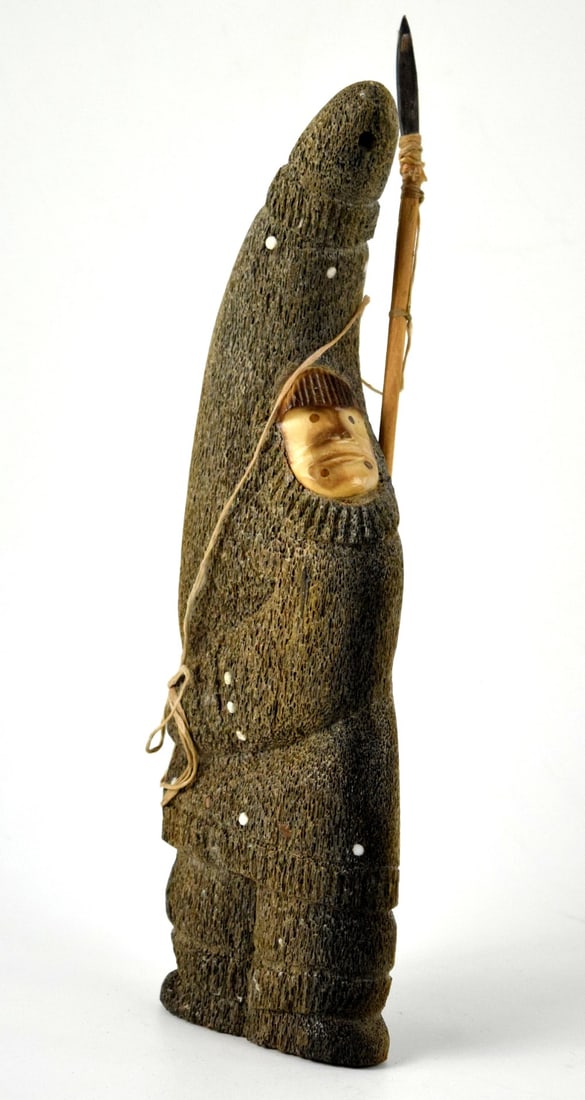 Canadian Eskimo Inuit Carved Fossilized Whalebone Sculpture Of Hunter With Spear (1 of 14)