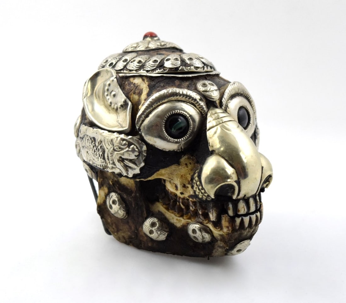Very Nice Antique Asian Tibet Tibetan Monkey Skull with Silver Decorations. (1 of 7)