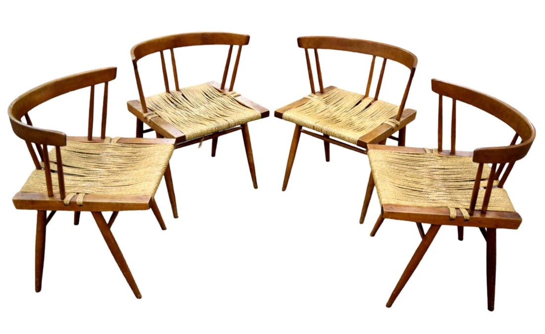 Set of Four Grass Seated Cherry Dining Chairs by George Nakashima (1 of 20)