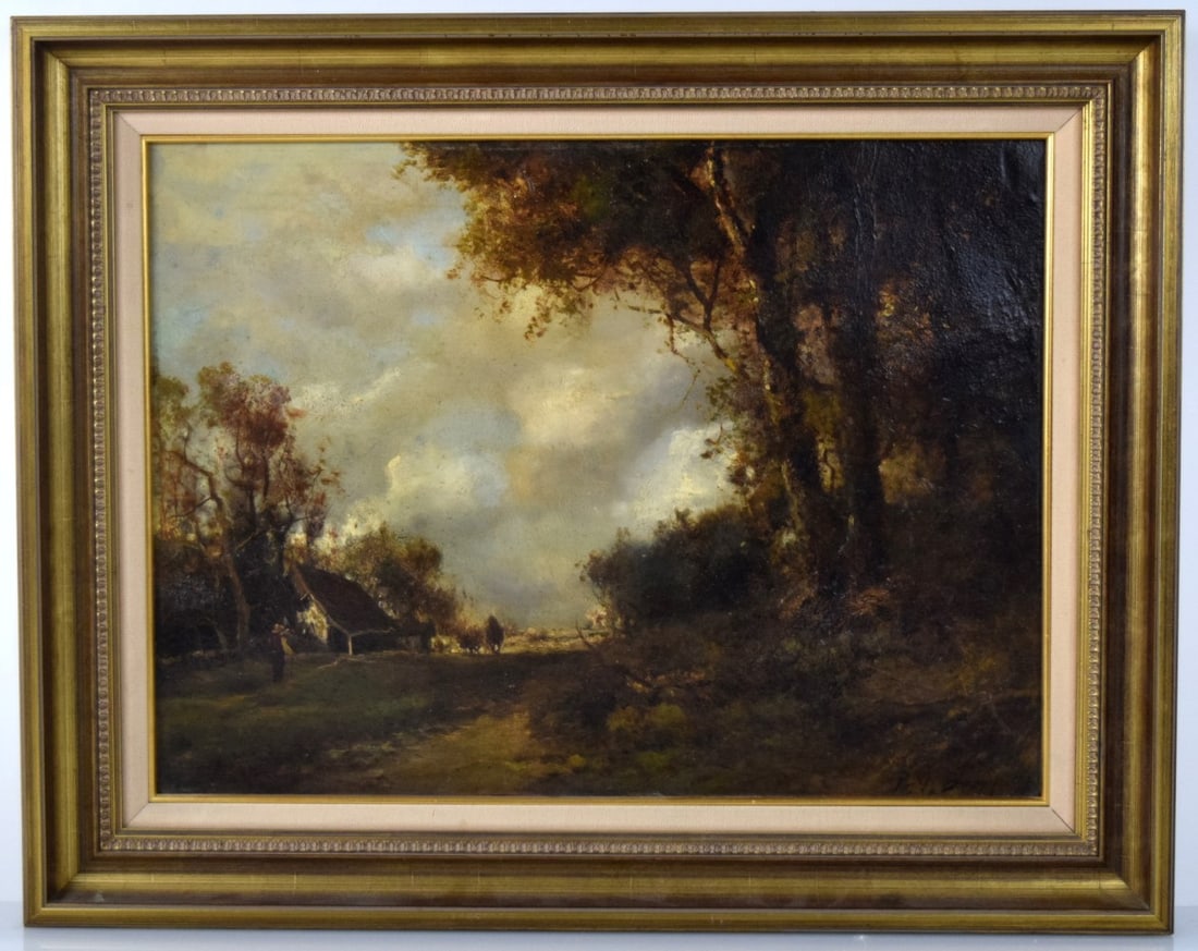 German P.V.Bourgoin Antique Oil Landscape Painting: Very fine antique oil landscape painting by listed German artist P.V. Bourgoin ( b.1850). P.V. Bourgoin was active/lived in Germany. PV Bourgoin is known for painting. Signed right lower corner. Prove