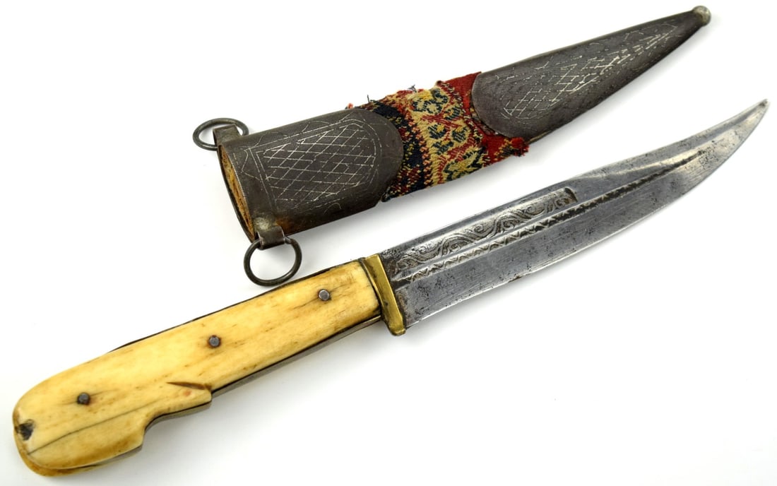 Antique 19th C. Islamic Syrian BICHAK Knife Dagger, Nice Carved Grips, Silver Inlaid Steel Mounts, (1 of 12)