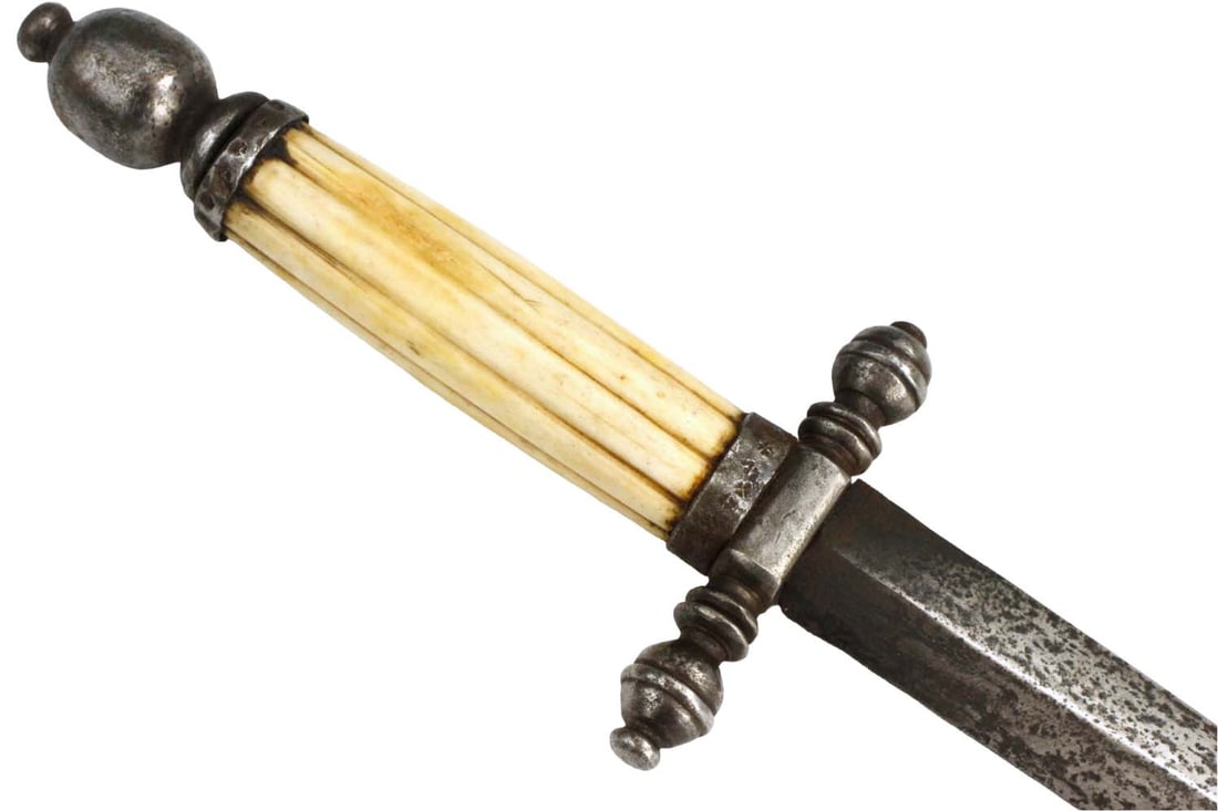 Nice 17th C. French or Italian STILETTO Dagger with Steel Mounts Hallmarked with Multiple Crosses to: Nice 17th C. French or Italian STILETTO Dagger with Steel Mounts Hallmarked with Multiple Crosses to Ferrule & Pommel, Original Carved Bone Grip Intact. Strong Blade of Diamond Section. Total length:
