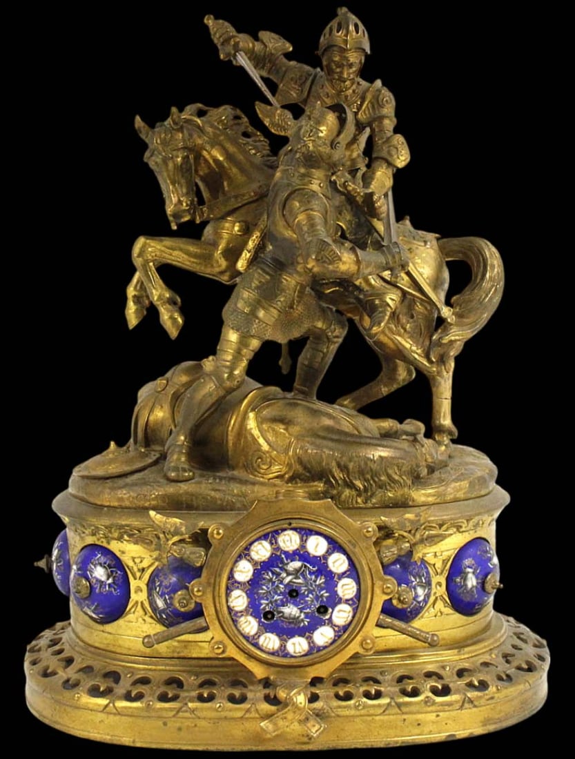 Fabulous 19th C. Large French Gold Gilt Bronze Sculpture Mantel Clock of Two Horse Back Knights (1 of 20)