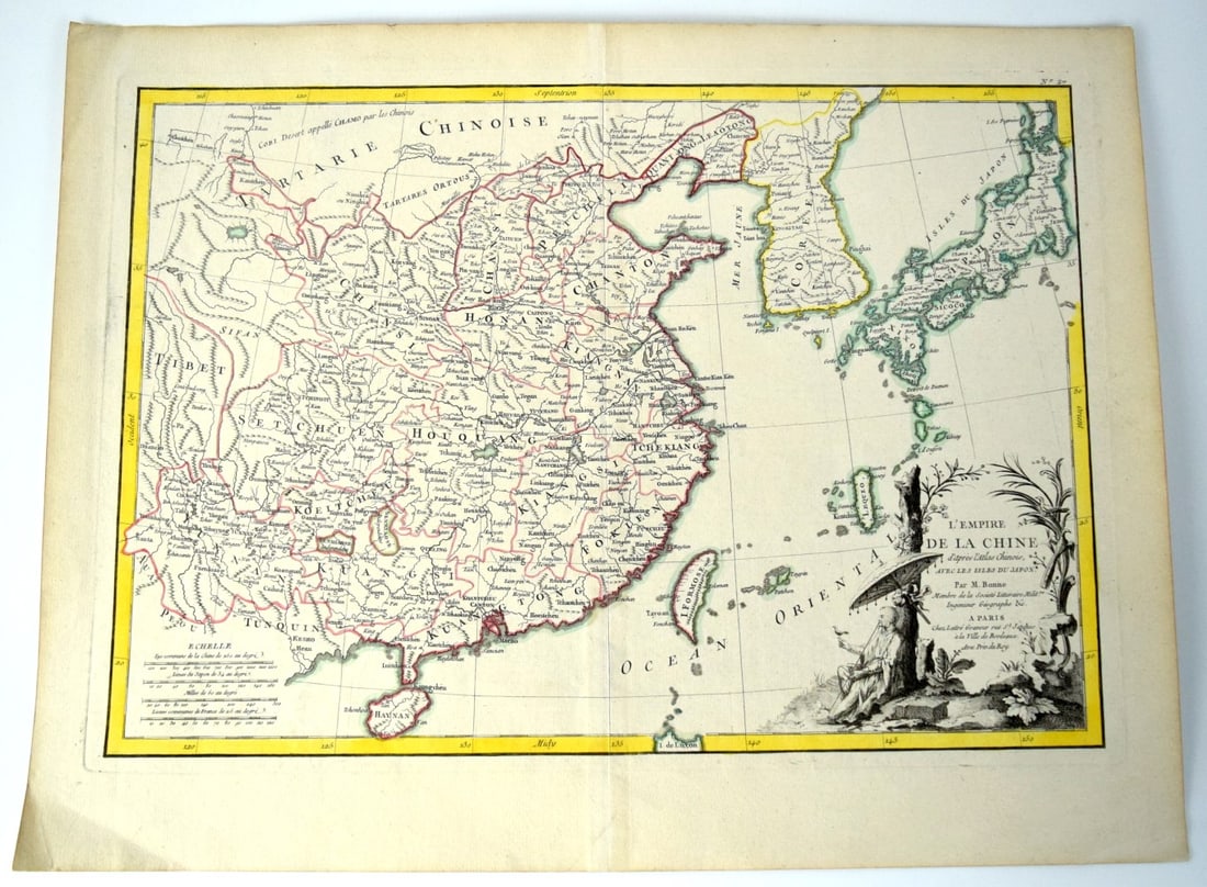 Rare Map with the marking of China by Par M Bonne, Paris 1780: Rare Map with the marking of China by Par M Bonne, Paris 1780. Size: 20 1/16" x 15 5/16". Detailed condition reports are not included in this catalog. For additional information, including condition r