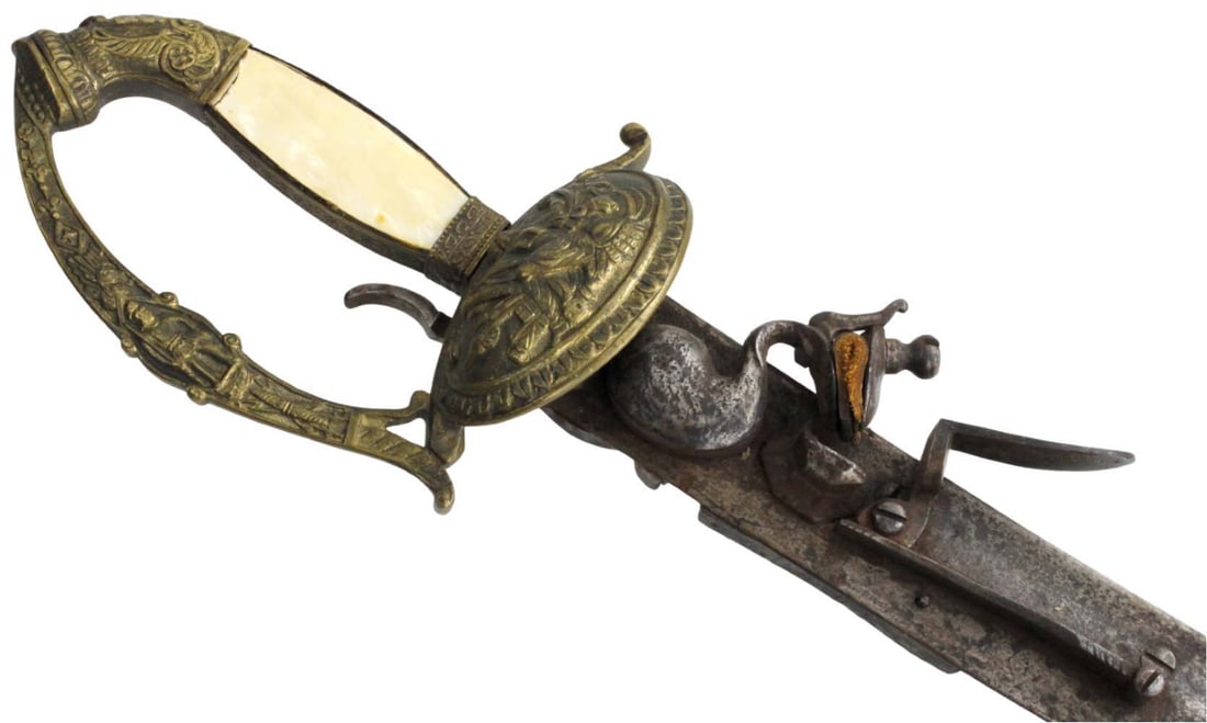 Rare 18th C. French Combination Infantry Officer's Sword with large Boar Flintlock Pistol. Beautiful: Rare 18th C. French Combination Infantry Officer's Sword with large Boar Flintlock Pistol. Beautiful Details in High Relief to Gilt Brass Mounts, MOP Grips. Rare Early Example, Probably Used Through A