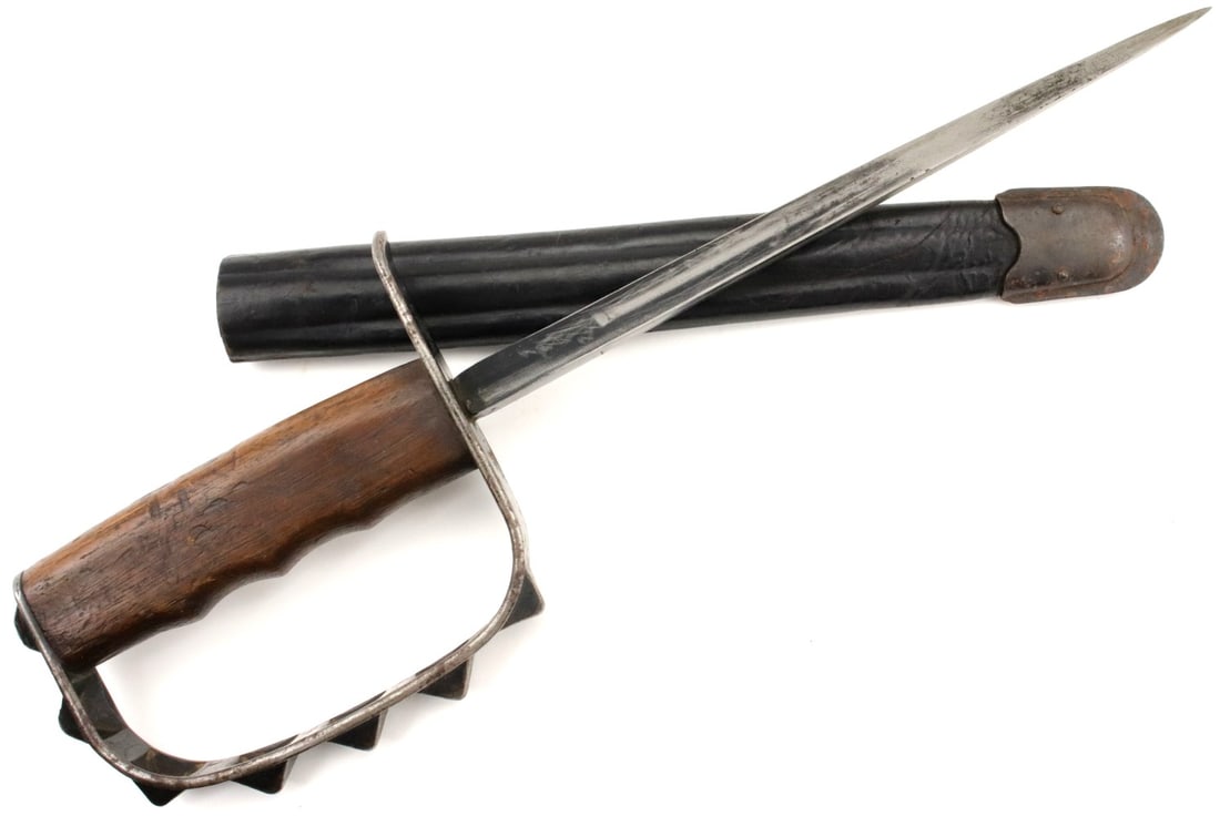 American WW I Fighting Dagger Knife with Breast Knuckle Guard ~ Dated 1917: American WW I Fighting Dagger Knife with Breast Knuckle Guard ~ Dated 1917. Total Length (inside scabbard if present) : 14.75". Blade Length : 8.5". Detailed condition reports are not included in this