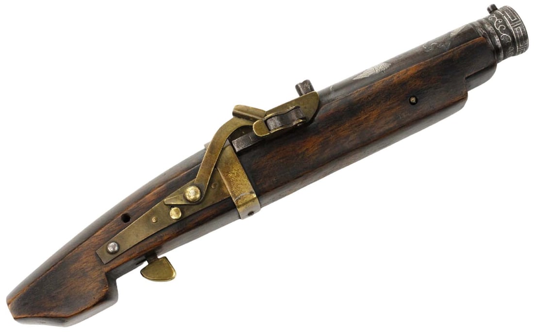 Very Good Tokugawa Period Japanese Samurai TANEGASHIMA Matchlock Pistol, Beautiful Silver Inlaid: Very Good Tokugawa Period Japanese Samurai TANEGASHIMA Matchlock Pistol, Beautiful Silver Inlaid Barrel with Eagle Soaring Over Mount Fuji & Interesting Three Nuts or Fruits Symbol, Possibly a Family 
