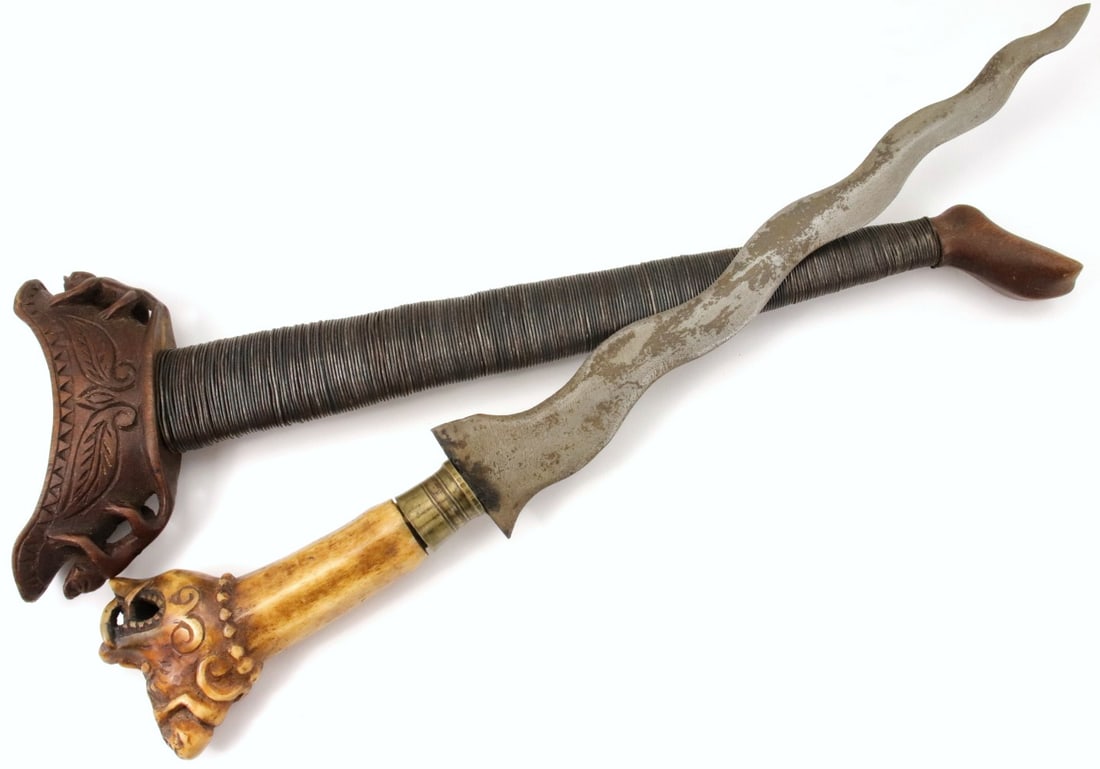 Unusual Antique Indonesian KERIS Dagger with Well Carved Bone Grip & Wood Scabbard: Unusual Antique Indonesian KERIS Dagger with Well Carved Bone Grip & Wood Scabbard. Total length (inside scabbard if present) : 18 1/4", Blade length :11 1/4". Detailed condition reports are not inclu