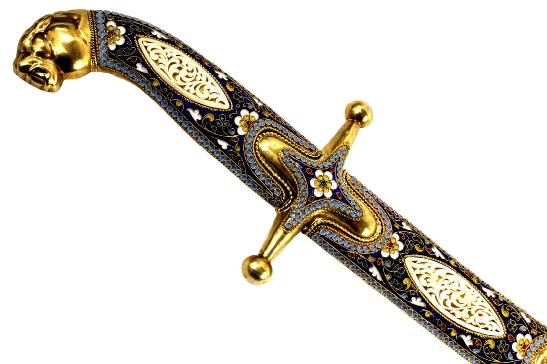 Fabulous Quality Russian Caucasian Presentation Shamshir Sword, Gold Gilt Silver Mounts with: Fabulous Quality Russian Caucasian Presentation Shamshir Sword, Gold Gilt Silver Mounts with Beautiful Enamel & Carved Bone Decorations, Blade with Islamic Inscriptions Throughout its Length. Total le