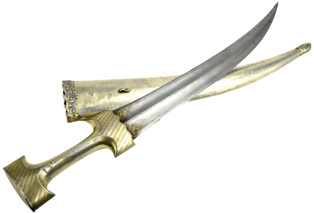 Beautiful 18th-19th C. Ottoman Turkish or Greek Large JAMBIYA Dagger: Beautiful 18th-19th C. Ottoman Turkish or Greek Large JAMBIYA Dagger with Hallmarked Silver Mounts & Gold Inlaid Blade of Most Likely Wootz Damascus Steel. Total length (inside scabbard if present) :2