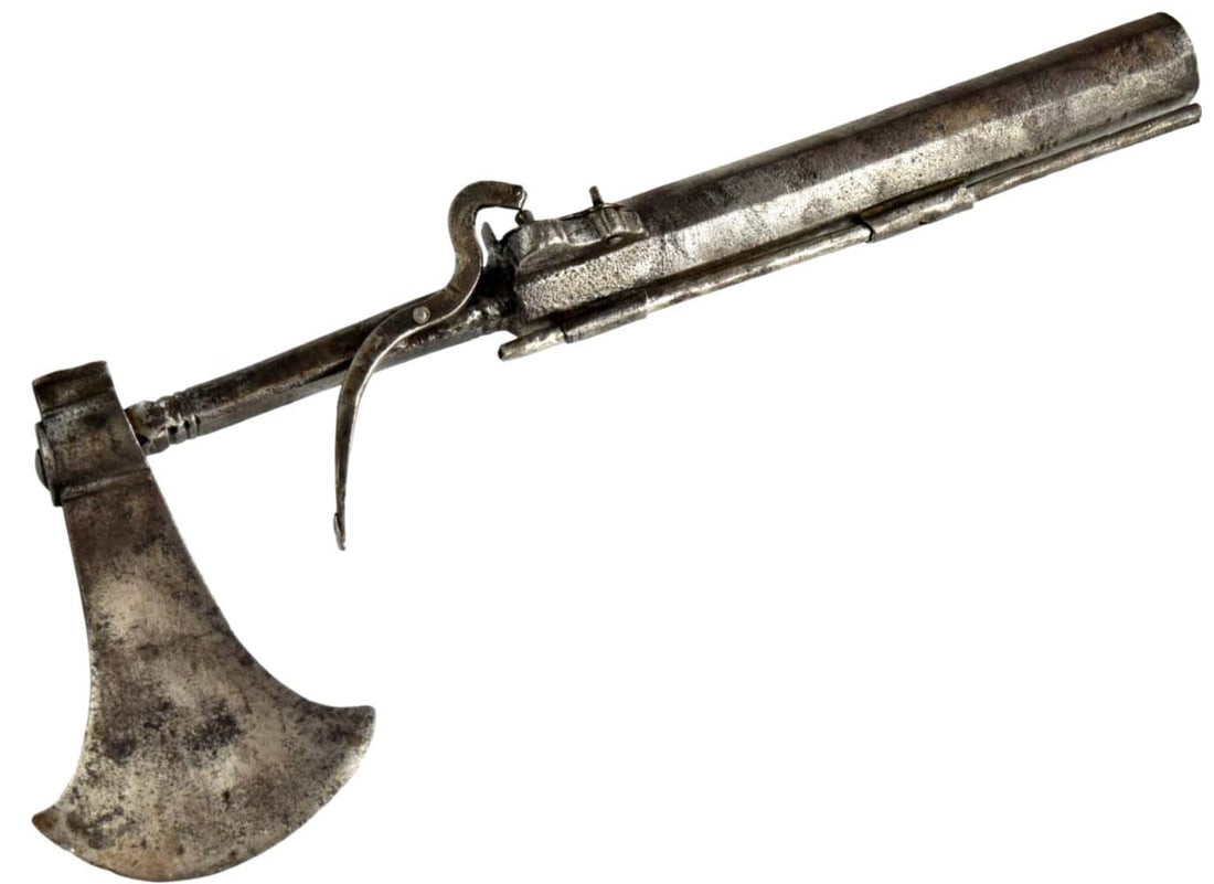 Very Rare 17th C. Islamic Mughal Indian Combination Fighting Axe / Matchlock Gun Pistol.: Very Rare 17th C. Islamic Mughal Indian Combination Fighting Axe / Matchlock Gun Pistol. Size: 15" long, blade 5 3/8" x 3 1/2". PLEASE VIEW MORE DETAILED CLOSEUP IMAGES BY VISITING OUR WEBSITE Sofedes