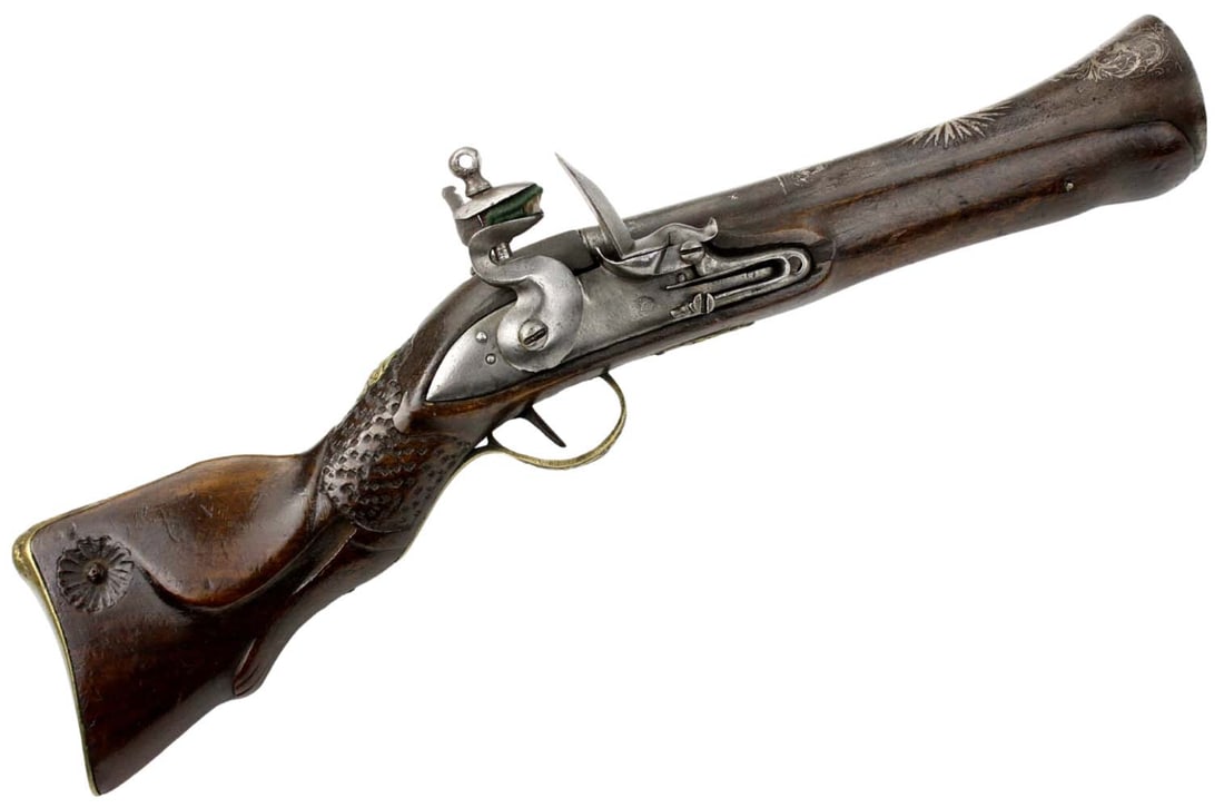 Massive 18th-19th C. Ottoman Turkish Flintlock BLUNDERBUSS Knee Gun with Silver Decorated Barrel &: Massive 18th-19th C. Ottoman Turkish Flintlock BLUNDERBUSS Knee Gun with Silver Decorated Barrel & Islamic Maker Marked Lock. Fine Carved Dark Wood Stock with Chiseled Brass Mounts. A Very Impressive 