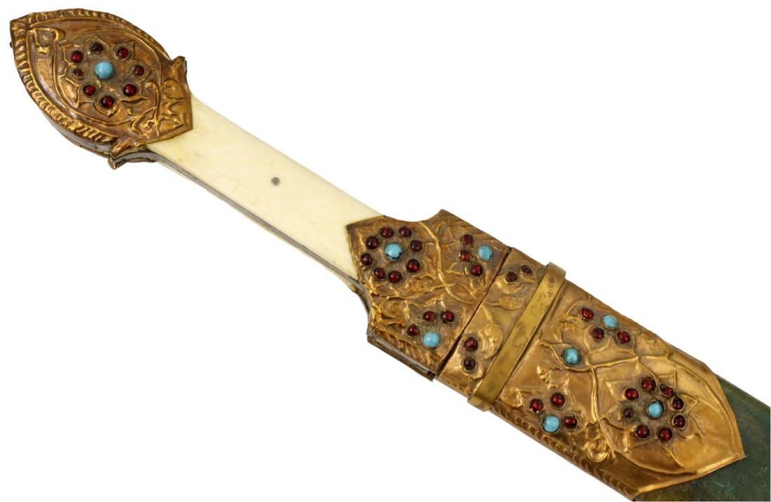 Interesting Turkish or Russian KINJAL Dagger with Very Thick Heavy Blade & Jeweled Copper Mounts (1 of 18)