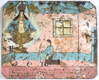 Antique Mexican Hand Painted Retablo Ex-Voto On Tin