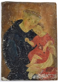 19th c Mexican Retablo Ex-Voto Painting on Tin of Saint Anthony Holding Baby Jesus