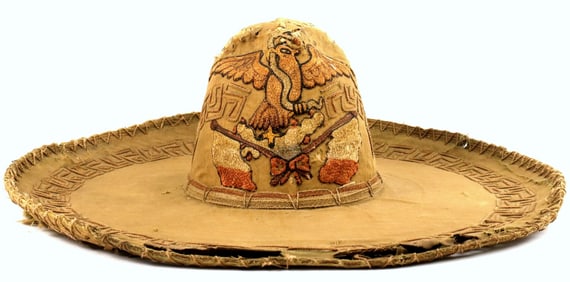 RARE 19TH C. MEXICAN MILITARY GENERAL'S OR OFFICER'S SOMBRERO HAT WITH EMBROIDERED EAGLE.