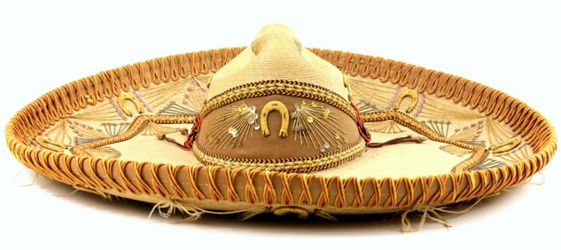 VERY GOOD ANTIQUE MEXICAN MILITARY SOMBRERO HAT WITH EMBROIDERED DECORATIONS.