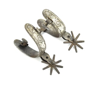 Antique Fancy Mexican Charro Spurs With Matching Overlay Silver and Large Rowels
