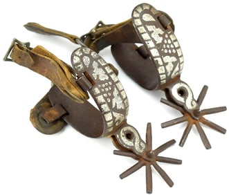 Antique Fancy Mexican Spurs With Matching Overlay Silver and Large Rowels