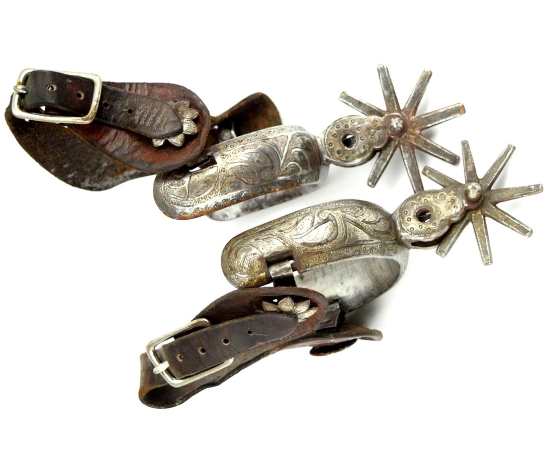 Antique Fancy Mexican Spurs With Matching Overlay Silver and Large Rowels (1 of 6)