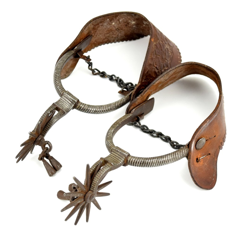 Antique Mexican Charro Spurs Distressed Inlaid Silver and Tooled Leather Straps (1 of 6)