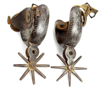 Antique Mexican Western Charro Spurs With Silver Inlay