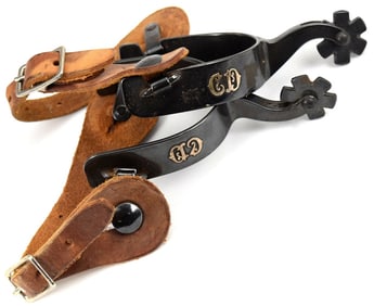 Pair Vintage Iron Western Spurs With Gold Monogrammed