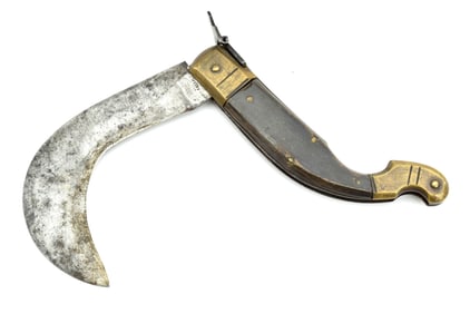 Scarce 19th C. Spanish or French NAVAJA Folding Knife with Horn Grips and Maker Marked Hooked Blade.
