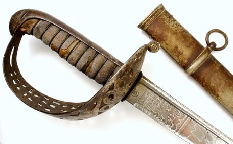 IMPRESSIVE 19TH C. AUSTRIAN HUNGARIAN OFFICER'S BATTLE SWORD ~ FINE ETCHED BLADE GERMAN MADE BY CARL