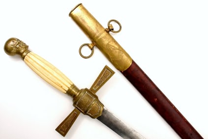 Rare 19th C. Civil War era Masonic Freemasonry Mason Sword with Skull Pommel, Nicely Etched Blade.