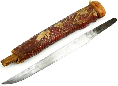 Antique Japanese TANTO Dagger in Carved Wood & Lacquer Decorated Scabbard with Dragon in the Skies.