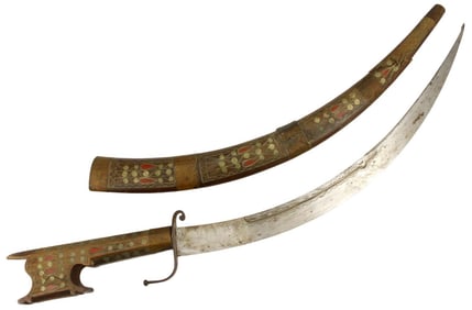 Antique Moroccan Islamic Arabic Arab NIMCHA Dagger with Red Corral Inlays and Engraved Blade.