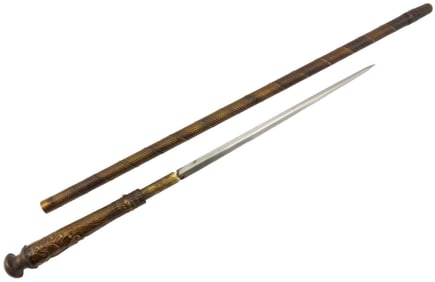 Very Nice Antique Chinese Walking Sword Cane with Strong Diamond Section Blade and Ornate Repousse