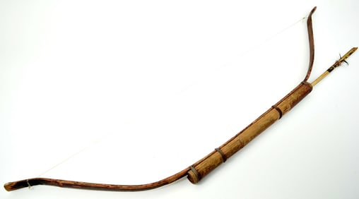Antique Asian Indonesian Tribal Bow with Attached Quiver & Arrow.