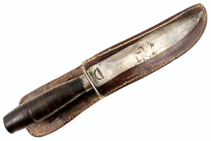 Mexican Fighting Knife WW I to WW II era ~ Maker marked ~ Original Leather Sheath & Leather Washers