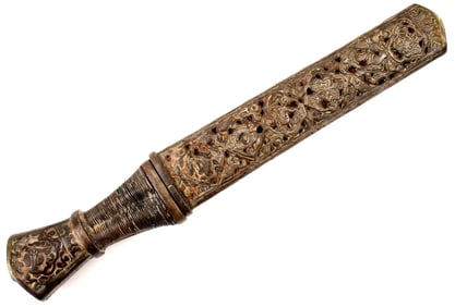 Good Antique Asian Tibetan Chinese Dagger Knife in Pierced Iron Mounts.