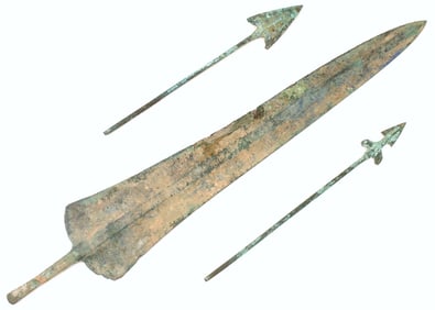 Lot of 3: 1 Large Luristan Persian Spear Head & 2 Arrow Heads ~ Bronze, Circa 3000 Years Old.