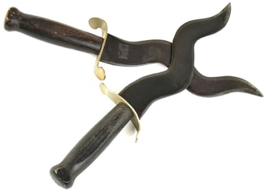 A Pair of Japanese Fighting Dagger with Strong Flamboyant Blades, Dark Wood Grips & Brass Guards.