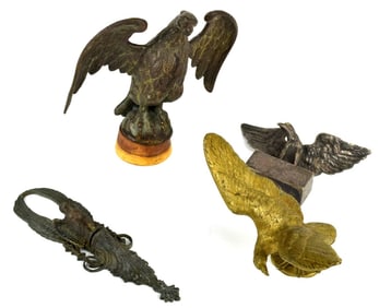 Lot of 4 Antique Large Cast Metal American Eagles, Flag Tops & Finials.