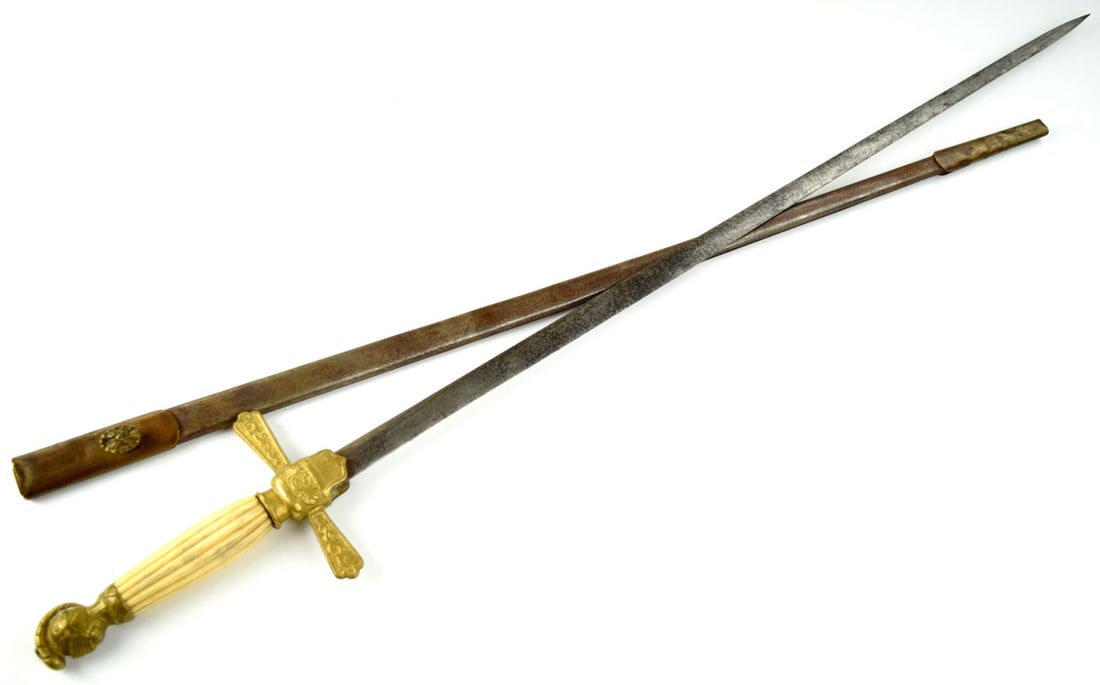 US M-1850 Militia Officer's Sword with Gold Gilt Hilt Mounts & Carved Bone Grip.: US M-1850 Militia Officer's Sword with Gold Gilt Hilt Mounts & Carved Bone Grip. Total length (inside scabbard if present) : 34", Blade length : 27 1/4". Detailed condition reports are not included in
