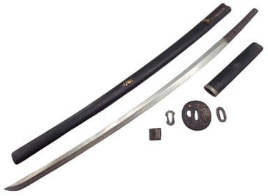 LARGE JAPANESE SAMURAI KATANA SWORD, GILT COPPER & SILVER INLAID MOUNTS, DOUBLE SIGNED BLADE TANG.